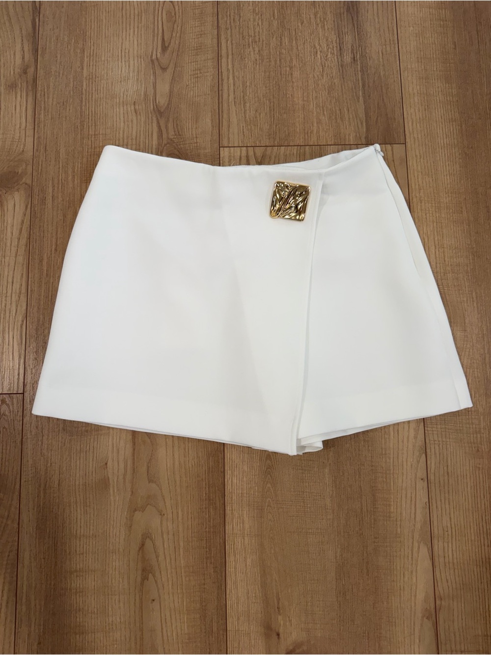 Zara White Wrap Skort with Gold-Tone Square Accent